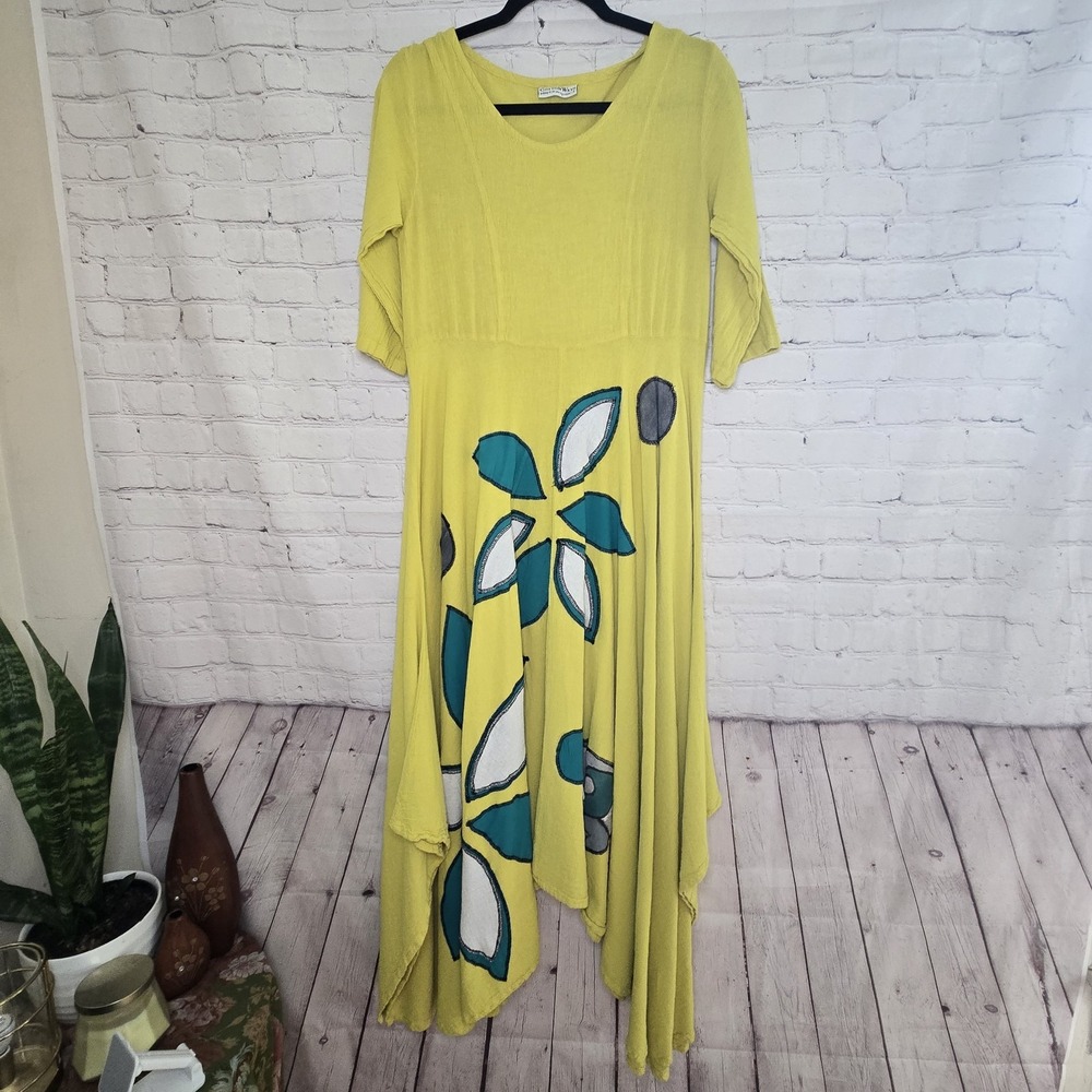 Cotton Ways Chartreuse broidered patchwork Floral Dress Artsy Boho Lagenlook Sm